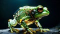 ballet in blue - hybrid frog green and yellow, electronic eyes, evolves in artificial jungle, science fiction in motion