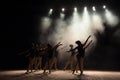 Ballet class on the stage of the theater with light and smoke. Children are engaged in classical exercise on stage.