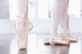 Ballet, closeup of shoes and dancing class with balance, ballerina dancer in rehearsal and training for performance Royalty Free Stock Photo