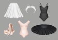 Ballet clothes. Fashioned performing ballerina tutu skirt and boots with bodysuit decent vector realistic illustrations