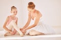 Ballet coach, dance and student training of a young ballerina and dancing teacher help. Exercise and dancer workout of a Royalty Free Stock Photo