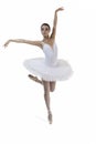 Ballet Concepts. Professional Japanese Female Ballet Dancer Posing in White Tutu With Lifted Hands Against White Background