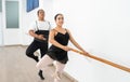 ballet couple partners preparing in rehearsal for a contest hispanic ballerina warming up with african american male ballet Royalty Free Stock Photo