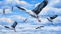 Ballet of crane migratory birds soaring high in the sky. Royalty Free Stock Photo