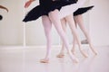 Ballet dance, dancing or performing girls during practice rehearsal in studio with low angle legs sequence. Group of Royalty Free Stock Photo