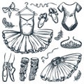 Ballet dance design elements. Vector hand drawn sketch illustration of ballerina dress, pointe shoes, bodysuit, headband Royalty Free Stock Photo