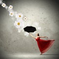 Ballet dancer in flying satin dress with umbrella Royalty Free Stock Photo