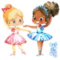 Ballet Dancer Girl Friendship Character Kit. African American Elegant Ballerina Training with Caucasian Friend. Cute