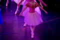 Ballet Dancers under Purple Light with Classical Dresses performing a ballet on Blur Background Royalty Free Stock Photo