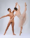 .Ballet dancing couple, studio and holding hands for balance, finesse and art movement for beauty in class. Young dancer