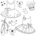 Ballet dresses set. Vector black and white coloring page