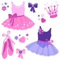 Ballet dance accessories with pink tutu skirt and pair of pointe-shoes, tiara and ribbon. Vector illustration set Royalty Free Stock Photo