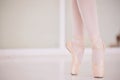 Ballet feet, legs or tiptoe of an elegant dancer dancing in a dance studio practicing for a performance. Closeup of a Royalty Free Stock Photo