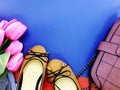 Ballet flat lady shoes and purple bag on blue background