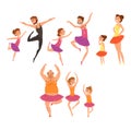 Ballet girls and their fathers in tutu dress dancing in ballet studio cartoon vector Illustrations on a white background