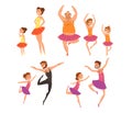 Ballet girls and their fathers in tutu dress dancing in ballet studio cartoon vector Illustrations on a white background
