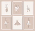 Ballet greeting cards set. Elegant hand-drawn art line icons of ballerina, pointe shoe and dress. Linear brush sketch with shadow Royalty Free Stock Photo