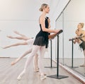 Ballet performance, dance training and women with strong legs for creative class, check feet in mirror at school and Royalty Free Stock Photo