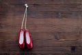 Ballet pointe shoes on dark wooden background top view copy space Royalty Free Stock Photo