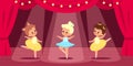 Ballet scene. Little ballerinas perform on stage, red curtain, searchlight lights, young dancers theatre performance Royalty Free Stock Photo