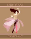 Ballet school. Beautiful young woman with fluttering hair standing in dance pose on golden background.