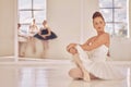 Ballet, school and bullying while sad dancer girl sit alone after bad performance, dance practice or theatre show Royalty Free Stock Photo