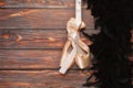 Ballet shoes and boa hanging on wooden background Royalty Free Stock Photo