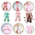 Ballet shoes. Collection of stickers on the theme of ballet dance. Cartoon style