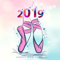 Ballet shoes. Vector illustration. Christmas card with pointe shoes. Happy New 2019 Year. Vector illustration for Royalty Free Stock Photo