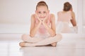 Ballet, smile girl thinking on floor of creative dance studio dreaming to become professional ballerina. Education Royalty Free Stock Photo