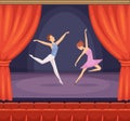 Ballet stage. Dancer male and female dancing on stage vector beautiful background with red curtains in theatre