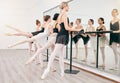 Ballet students and mirror balance in studio for posture reflection training practice. Strong, healthy and flexible