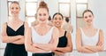 Ballet women in class portrait proud with progress at creative dance academy studio for goal, motivation and