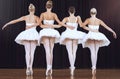 Ballet women at stage dance performance or show performing elegant abstract dancing routine back view. Collaboration