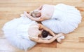 Ballet women, theatre concert and dance stage for creative training, performance and professional dancers. Above of two