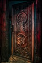 BALLINTOY HARBOUR, NORTHERN IRELAND, DECEMBER 20, 2018: Magnificent carved door with dragons and Dothraki horses, made with wood