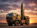 Ballistic missile launcher at sunset. Generated with AI Royalty Free Stock Photo