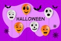 Colored  illustration balloons with faces, for Halloween party on purple background. Happy orange holiday air flying balloon Royalty Free Stock Photo