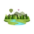 Balloon Air Transport Travel Mountain River and Lake Landscape