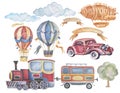 Balloon airship set large vintage retro typewriter small train trailer tree ribbon for inscription transport watercolor illustra