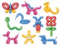 Balloon animals. Cartoon helium rubber dog butterfly horse monkey snake, cute bubble decoration for child birthday party