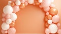 A balloon arch made of pink, white and gold balloons, peach fuzz, trendy color of the year 2024.