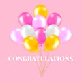 Balloon background for special events, realistic pink and yellow balloons and confetti on pink background. The festive concept of