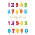 Balloon and candle colorful numbers. Birthday party and celebration design elements set. Royalty Free Stock Photo