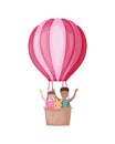 Balloon with children. Different kids on a hot air balloon. Funny children are flying in a balloon and waving their Royalty Free Stock Photo