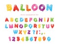 Balloon colorful font. Festive glossy ABC letters and numbers. For birthday, baby shower celebration.