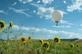 balloon drifting over a field of sunflowers, sunny day Royalty Free Stock Photo