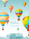 Balloon festival poster, hot air ball rides, flat vector illustration. Travel over city landscape, design concept banner