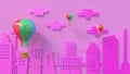 The balloon floating over the city, 3d rendering paper cut , Graphic 3d illustrator