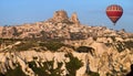 Balloon flying near the Uchisar Castle in Cappadocia, Turkey